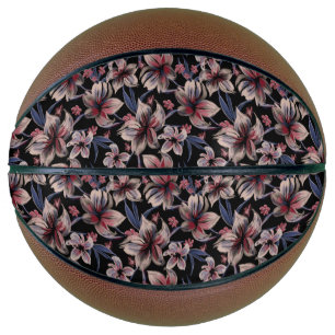 Ballon De Basket Aquarelles Crimson Floral sur noir