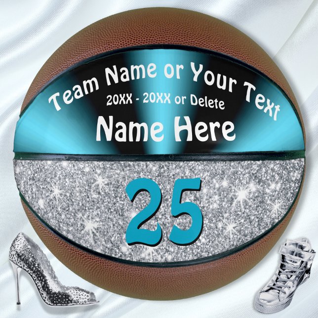 Ballon De Basket Balle de basket personnalisée Turquoise et Argent (Personalized Basketball for Girls. Senior Night basketball gifts for girls. Teal Silver Basketball.)