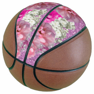 Ballon De Basket Basketball Faux Pailleté et Fleurs Rose