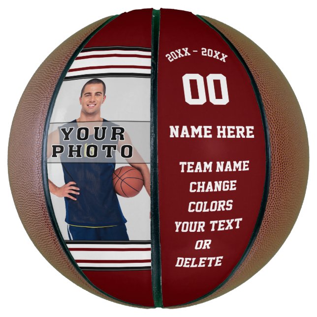 Ballon De Basket Basketball photo personnalisé Bourgogne et blanc (Vertical)