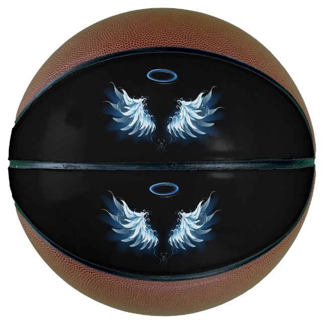 Ballon De Basket Blue Glowing Angel Wings on black background (Devant)