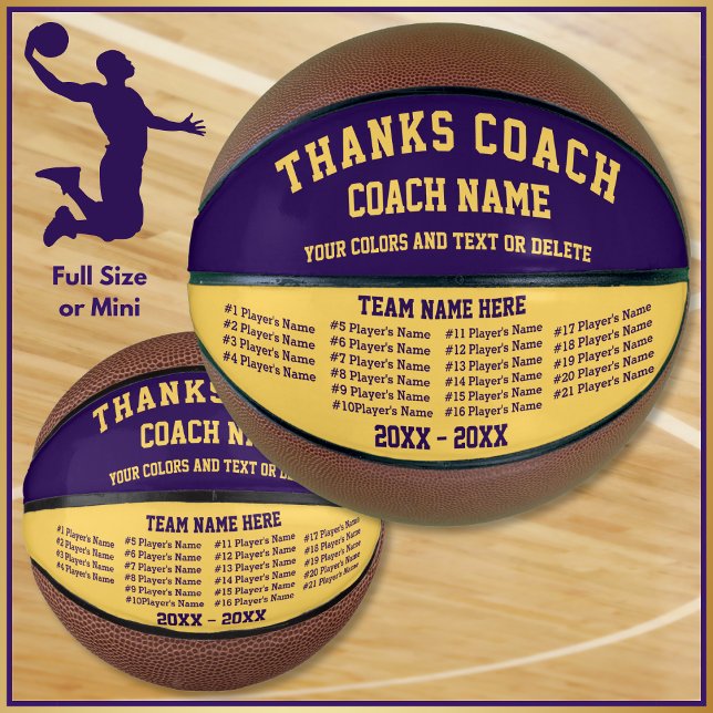 Ballon De Basket Cadeaux d'appréciation de l'entraîneur de basket-b (Purple and Gold, Gift Ideas for Basketball Coaches. Personalized Basketballs with ALL Players Names.)