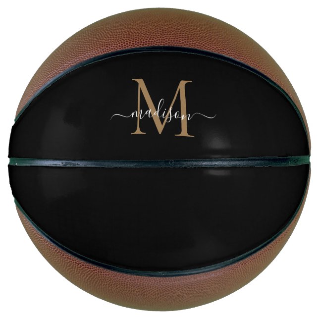 Ballon De Basket Élégant Noir Monogramme Or Feminine Script Girly (Devant)