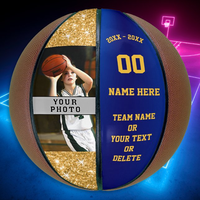 Ballon De Basket Filles Basketballs Personnalisés Votre Photo, Text (Personalized Basketballs, Gifts for Basketball Seniors, Girls. Photo Basketball, Blue and Gold.)