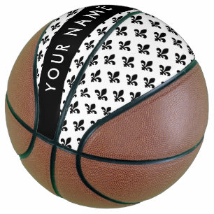 Ballon De Basket Fleur de Lis, Noir sur Blanc, Noir, Votre Nom