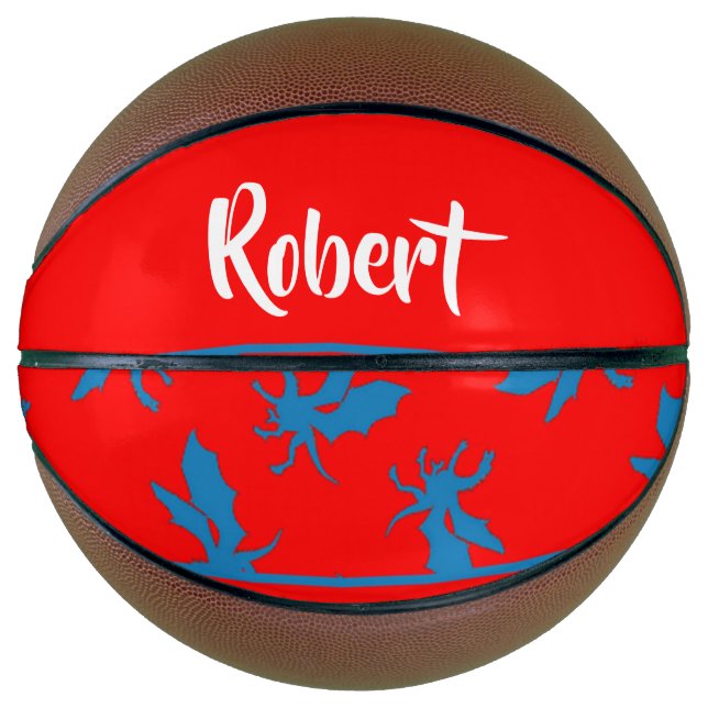 Ballon De Basket Nom personnalisé dragons bleus sur fond rouge (Devant)