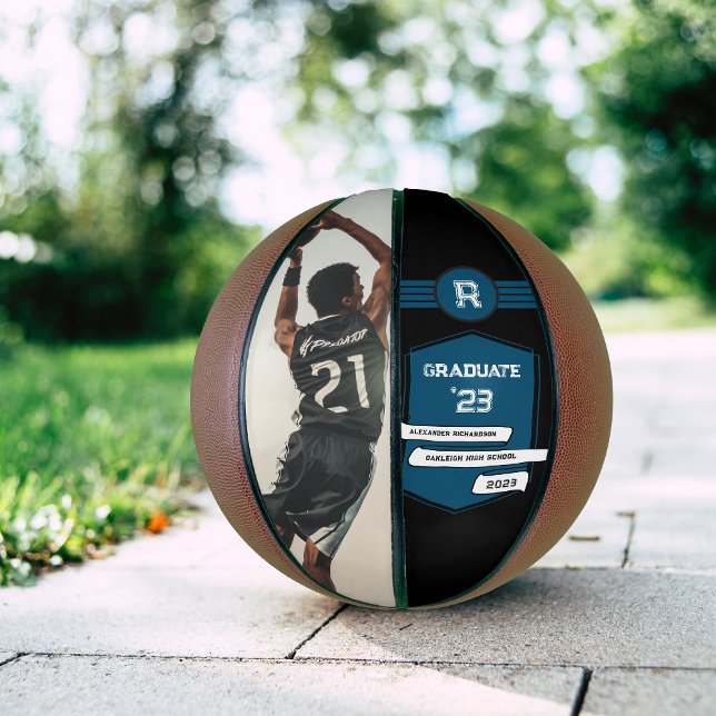 Ballon De Basket Numéro Jersey | Monogramme bleu de graduation (Créateur téléchargé)