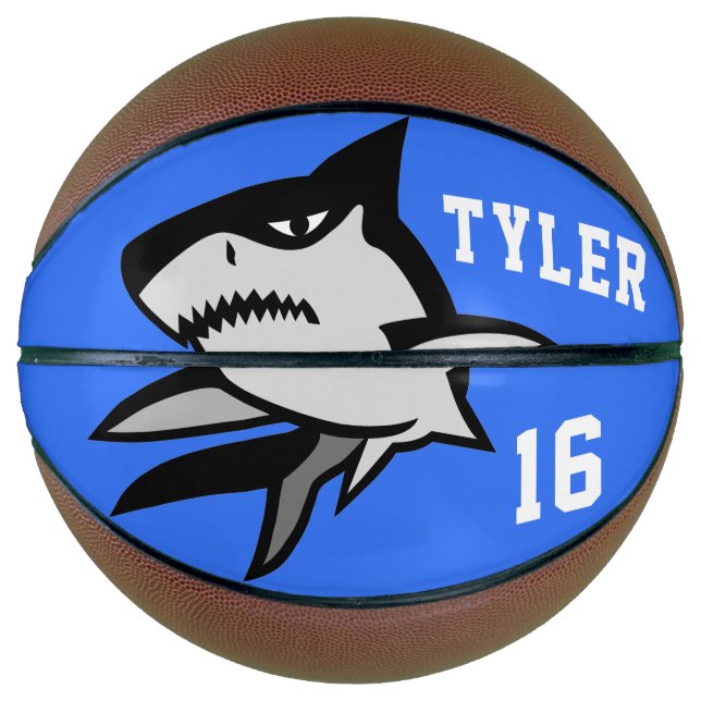 Ballon De Basket Requin noir et blanc sur lettres blanches bleues (Devant)