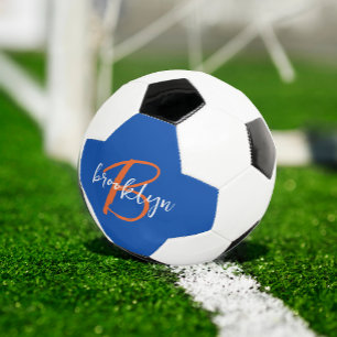 Ballon De Foot Bleu Cobalt Orange Blanc Monogramme Nom en écritur