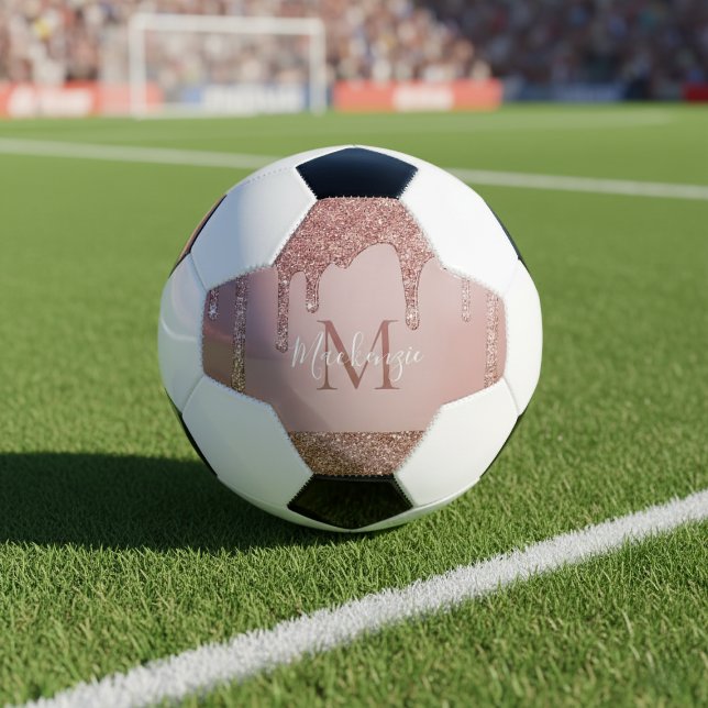 Ballon De Foot Parties scintillant de goutte d'or Rose fillette M (Girly Glam Rose Gold Dripping Glitter Monogram Soccer Ball)