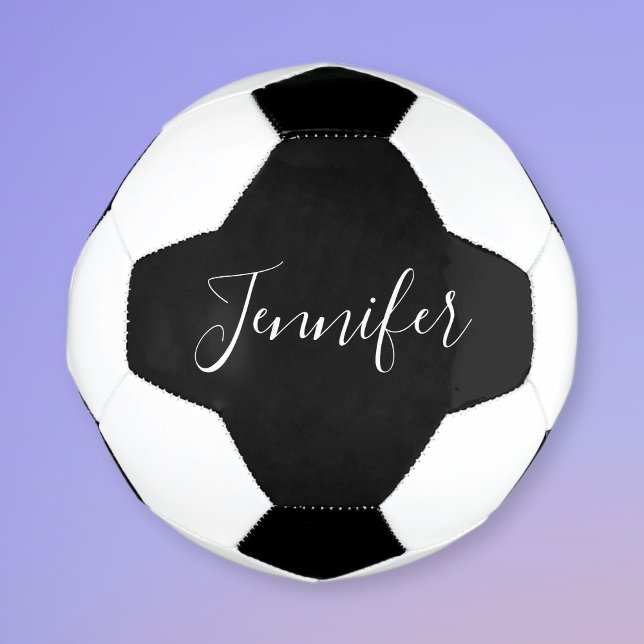 Ballon De Foot Votre nom | Élégant script blanc sur noir (Créateur téléchargé)
