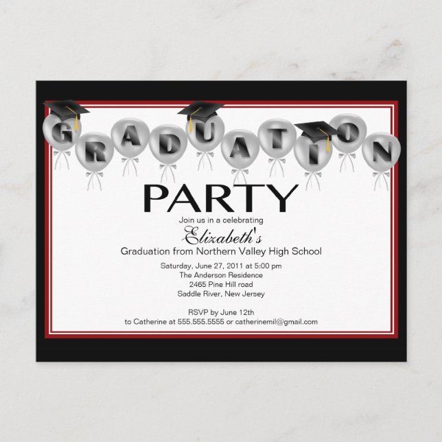 Ballon Graduation Party Einladung Black Grad Cap (Vorderseite)