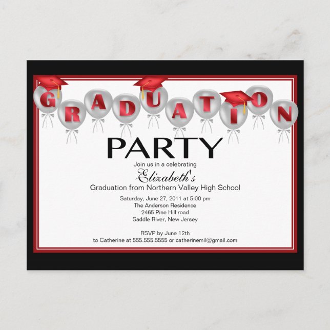 Ballon Graduation Party Einladung Red Grad Cap (Vorderseite)