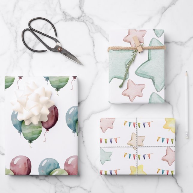 Ballon Stars und Banner Geschenkpapier Set (Vorderseite)