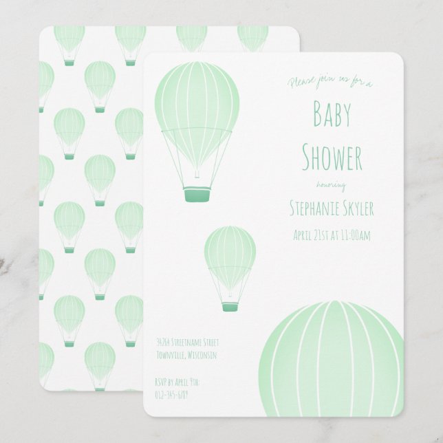 Ballons à air chaud vert | Invitation Baby shower (Devant / Derrière)