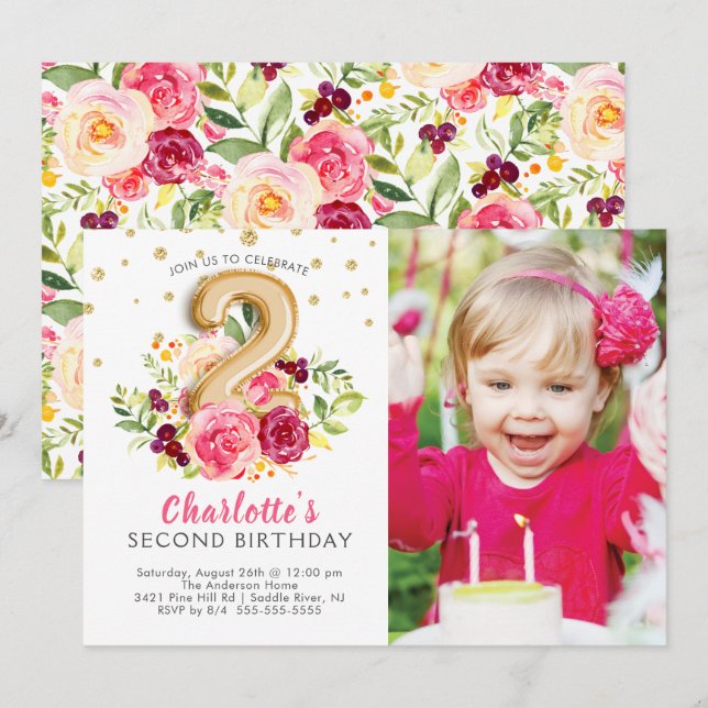 Ballons à huile photo 2E Invitation d'anniversaire (Devant / Derrière)