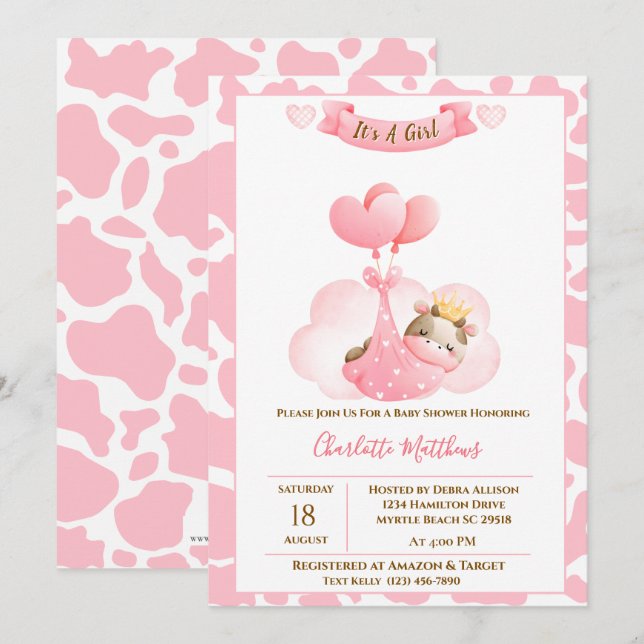 Ballons à nuages de vache mignonne Invitation Baby (Devant / Derrière)