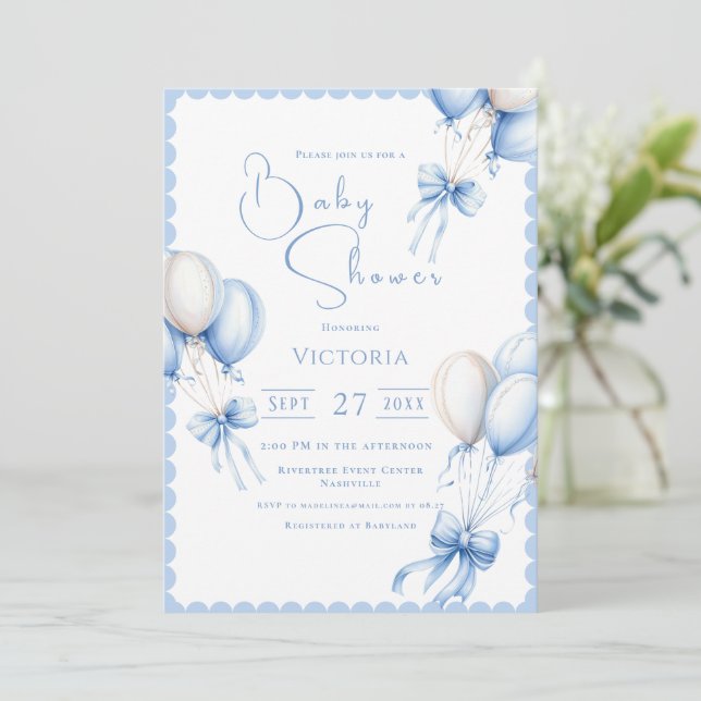 Ballons Bleus Boy Baby shower Invitation (Debout devant)