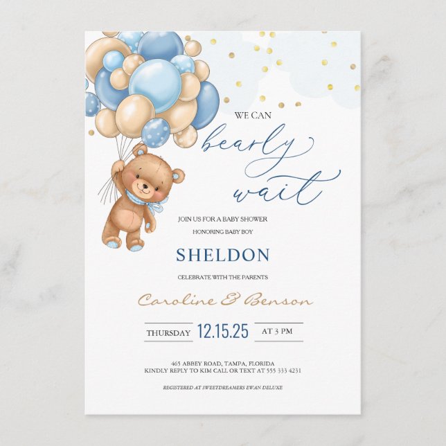 Ballons Bleus Teddy Bear Invitation Baby shower (Devant)