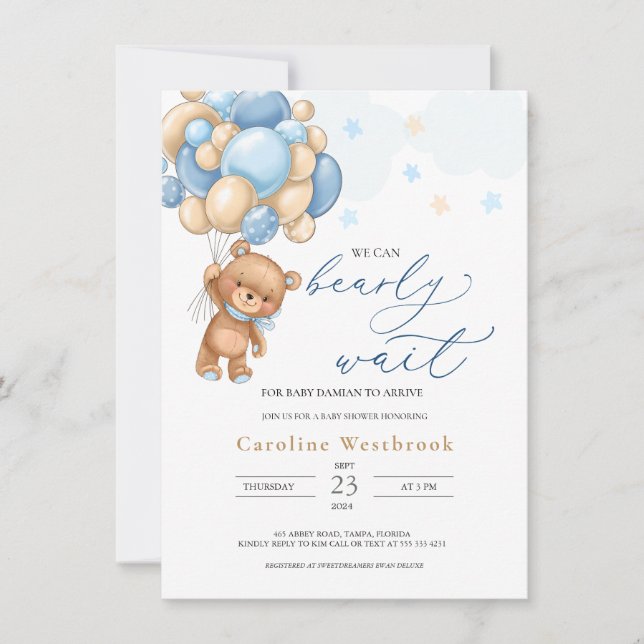 Ballons Bleus Teddy Bear Invitation Baby shower (Devant)