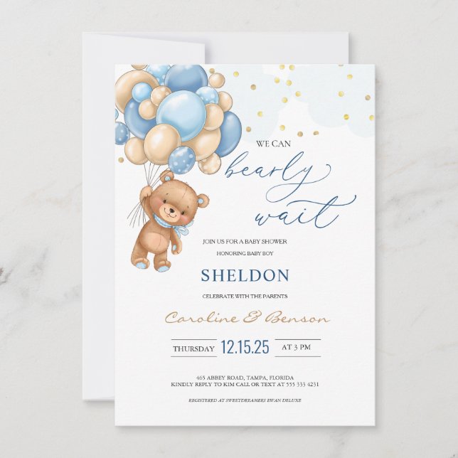 Ballons Bleus Teddy Bear Invitation Baby shower (Devant)