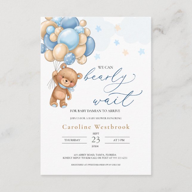 Ballons Bleus Teddy Bear Invitation Baby shower (Devant)