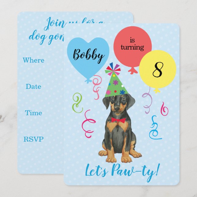Ballons d'anniversaire Doberman Invitation (Devant / Derrière)