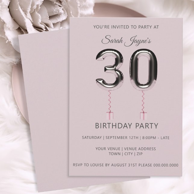 Ballons d'argent rose 30e anniversaire Invitation  (Happy Birthday! If you're celebrating your 30th, here's a blush pink & silver party invitation)