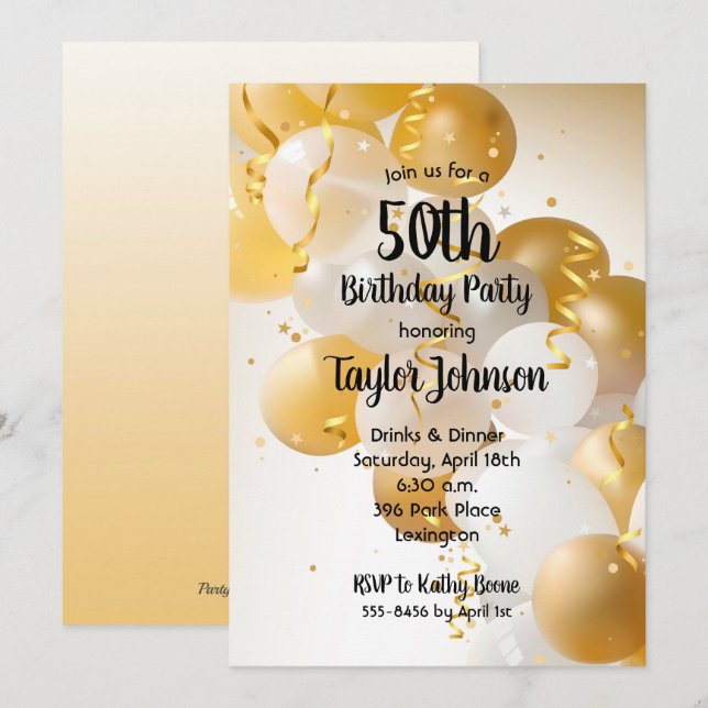 Ballons d'or blanc Invitations de fête d'anniversa (Devant / Derrière)