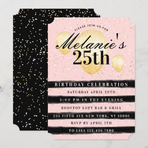 Ballons d'or rose noire en bande Invitation Annive
