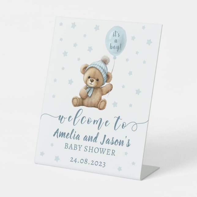 Ballons d'ours bleu garçon baby shower signe de bi (Recto)