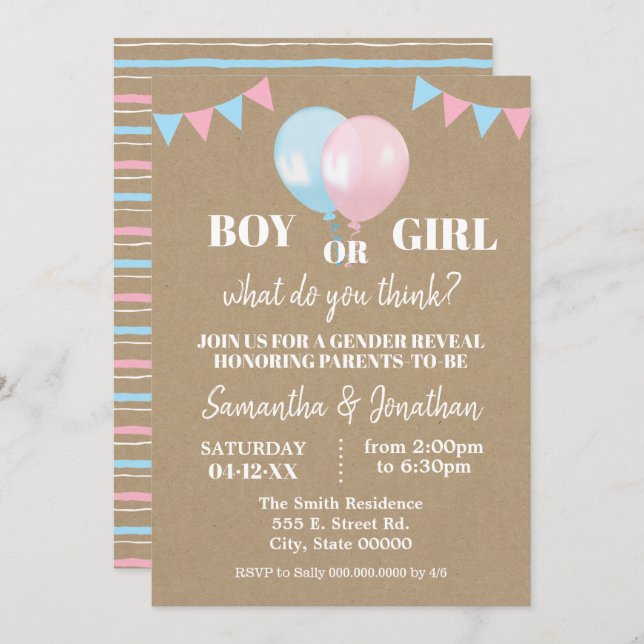 Ballons Geschlecht enthüllt Junge oder Mädchen Bab Einladung (Vorne/Hinten)