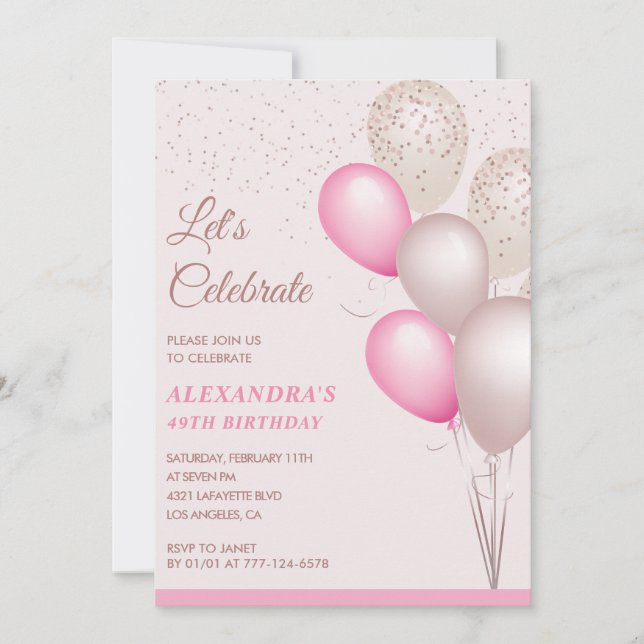 Ballons invitations pour 49e anniversaire Pink Con (Devant)