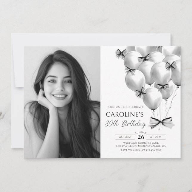 Ballons noirs Bow Anniversaire Photo Invitation (Devant)