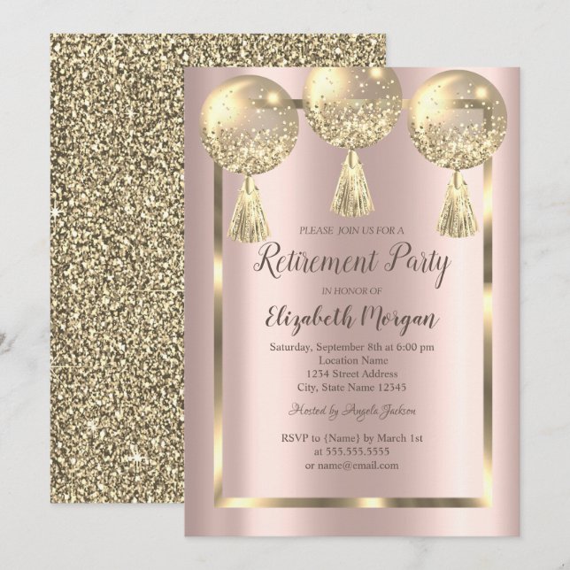 Ballons, Rahmen, Rose Gold, Gold Glitzer Rente Einladung (Vorne/Hinten)