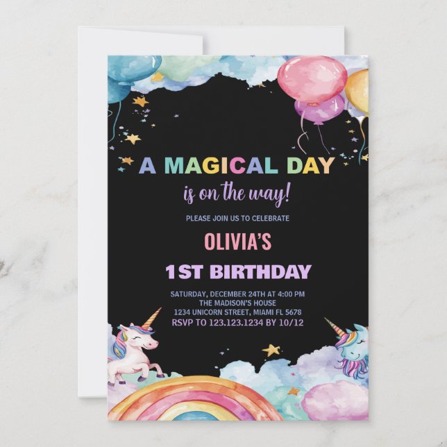 Ballons Rainbow Unicorn Invitations d'anniversaire (Devant)
