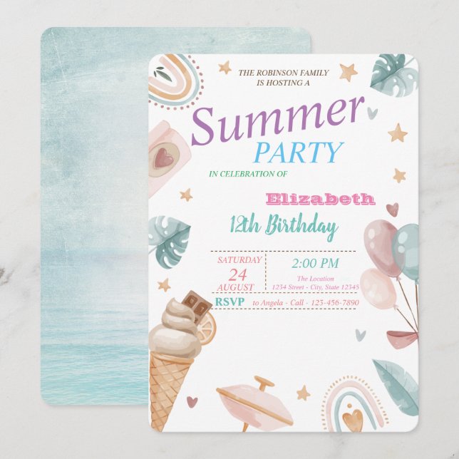 Ballons, Regenbogen, Eiscreme Sommergeburtstag Par Einladung (Vorne/Hinten)