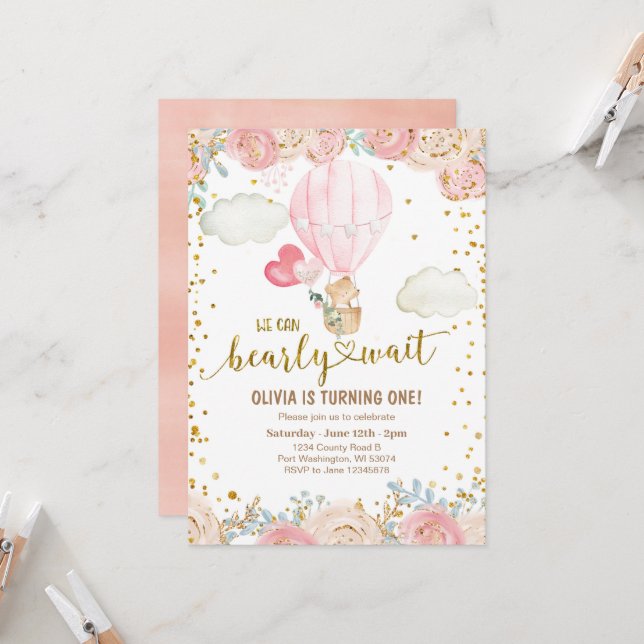  Ballons roses d'ours doux Invitation d'anniversai (Devant/Arrière en situation)