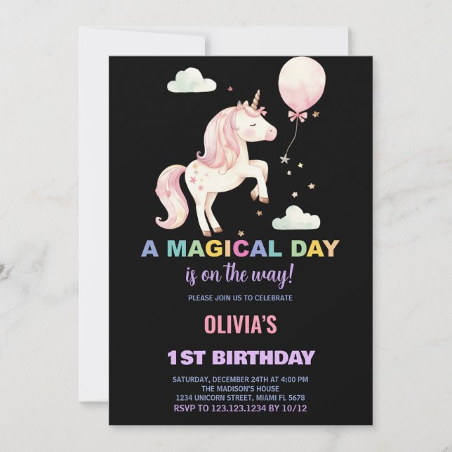 Ballons roses Unicorne Invitations Anniversaire (Devant)