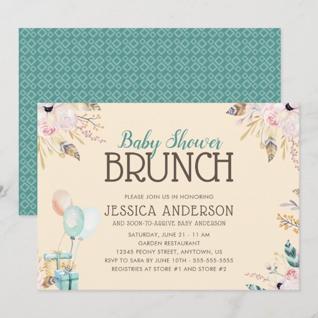 Ballons und Geschenke | Babydusche Brunch Einladung (Vorne/Hinten)