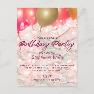Ballons und Glitzern auf Papier Geburtstagspartei Postkarte