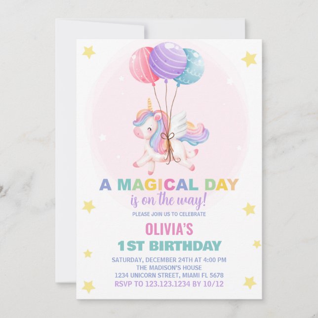 Ballons Unicorne Invitations d'anniversaire (Devant)