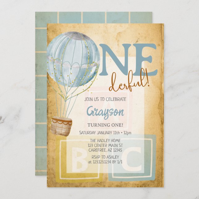 Ballons vintages 1er anniversaire Invitation (Devant / Derrière)