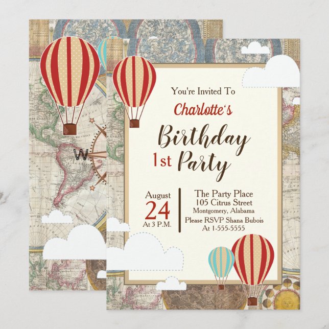 Balloon à air chaud et carte du monde Aventure Vin (Devant / Derrière)
