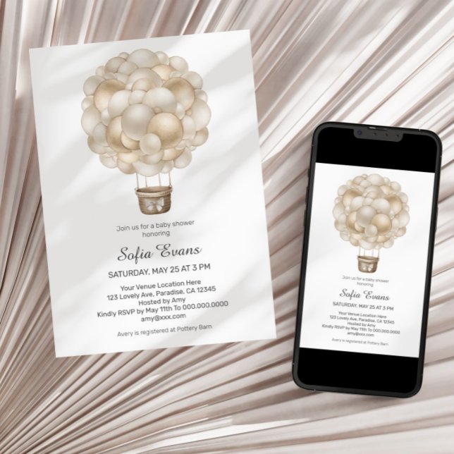 Balloon Beige Hot Air Boho Baby shower Invitation (Créateur téléchargé)