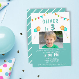 Balloon Bunting Flag Blue Foto Birthday Party Einladung