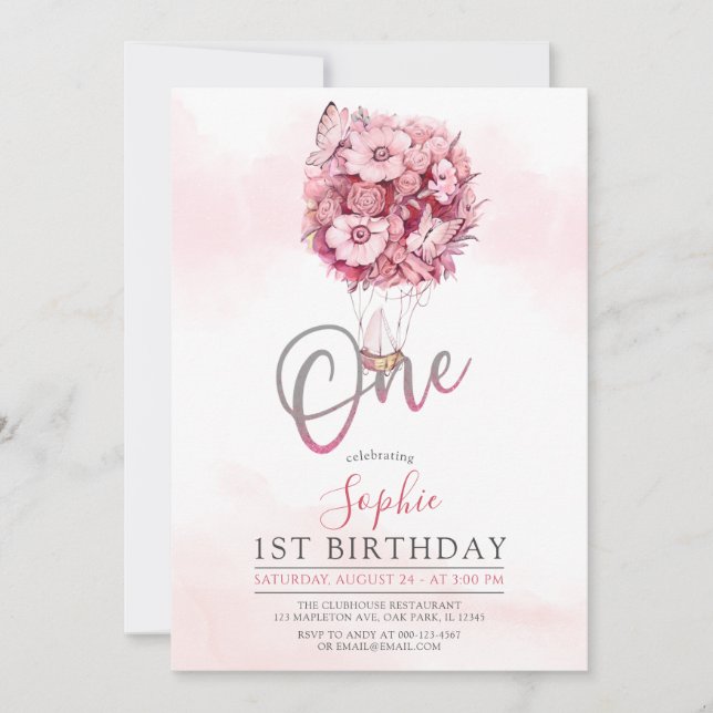 Balloon Butterfly Pink First Birthday Party Girl Einladung (Vorderseite)
