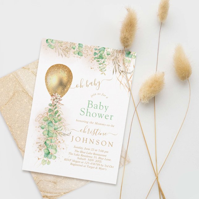 Balloon Eucalyptus Gold Glitzer Baby Showroom Einladung (Von Creator hochgeladen)