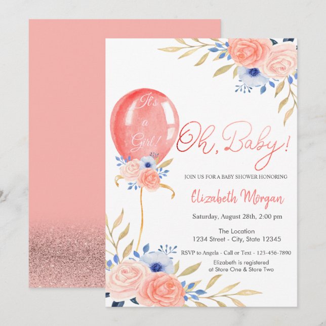 Balloon Floral Baby Shower Einladung (Vorne/Hinten)
