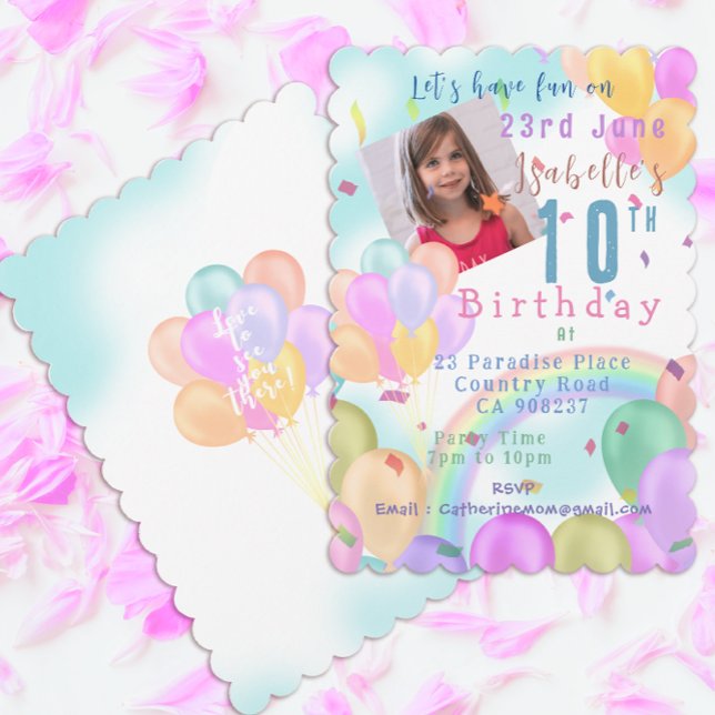 Balloon Pastel Foto Birthday Einladung (Sweet Balloons and rainbow single photo birthday invitation card.)